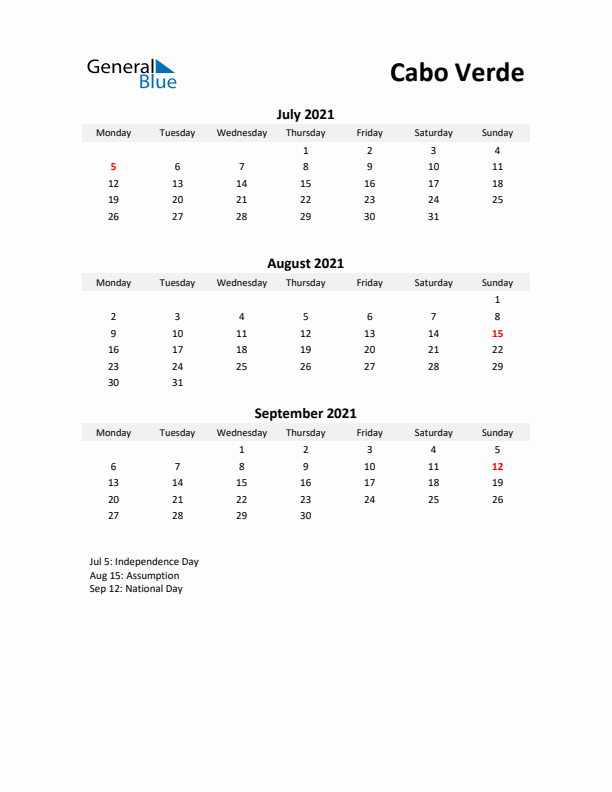 Printable Quarterly Calendar with Notes and Cabo Verde Holidays- Q3 of 2021