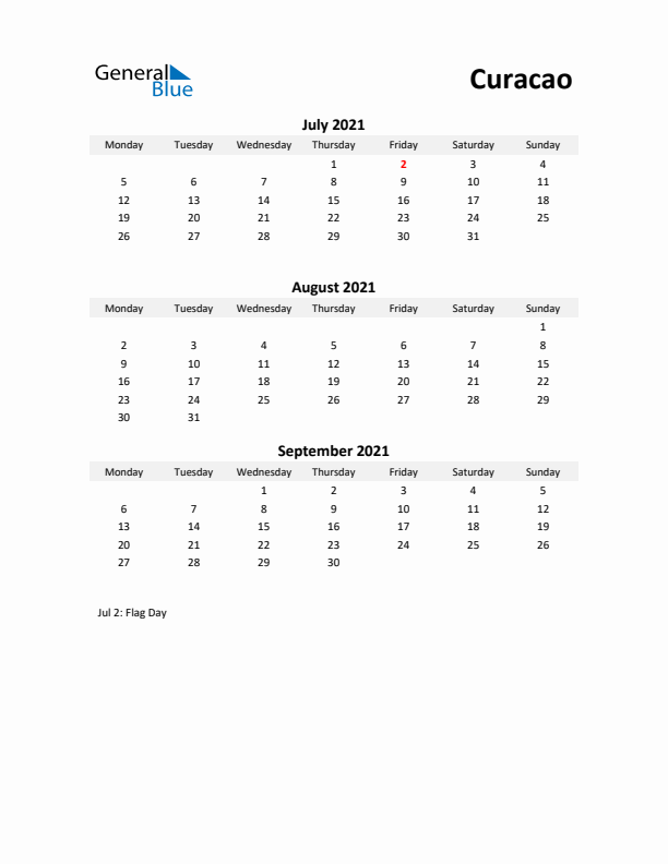 Printable Quarterly Calendar with Notes and Curacao Holidays- Q3 of 2021