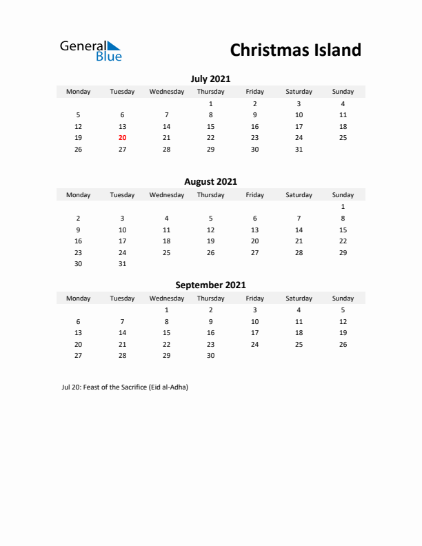 Printable Quarterly Calendar with Notes and Christmas Island Holidays- Q3 of 2021