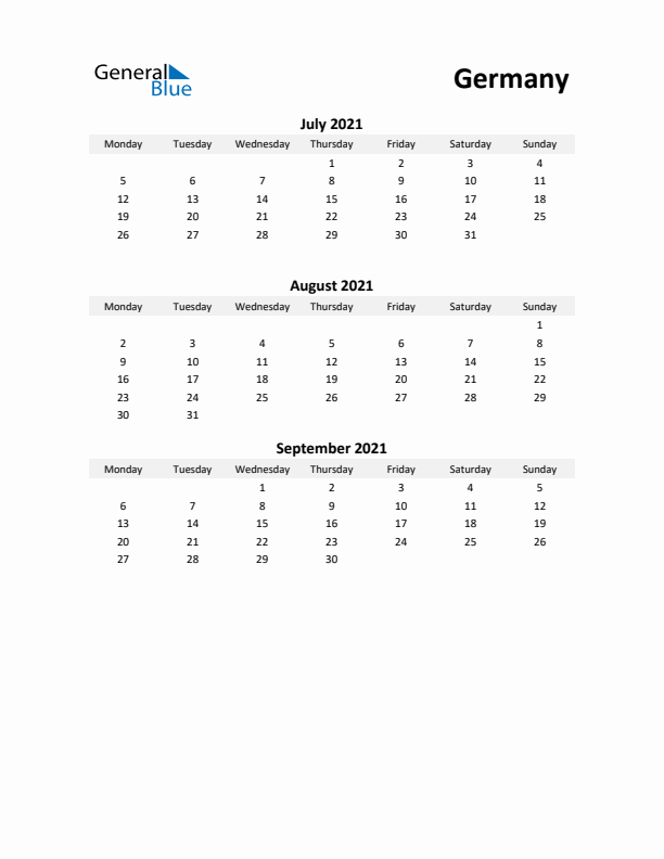 Printable Quarterly Calendar with Notes and Germany Holidays- Q3 of 2021