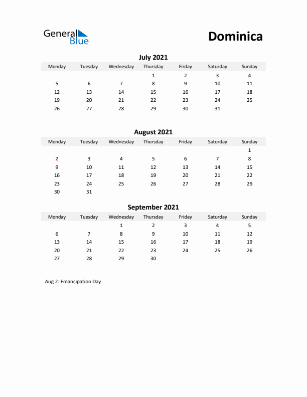 Printable Quarterly Calendar with Notes and Dominica Holidays- Q3 of 2021