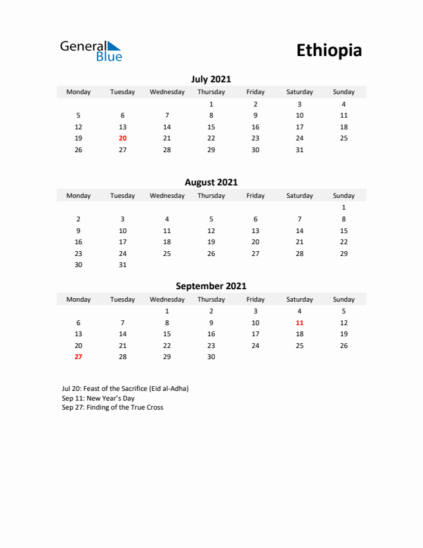 Printable Quarterly Calendar with Notes and Ethiopia Holidays- Q3 of 2021