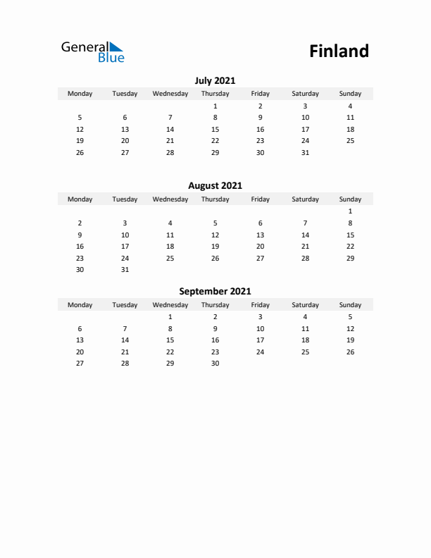 Printable Quarterly Calendar with Notes and Finland Holidays- Q3 of 2021