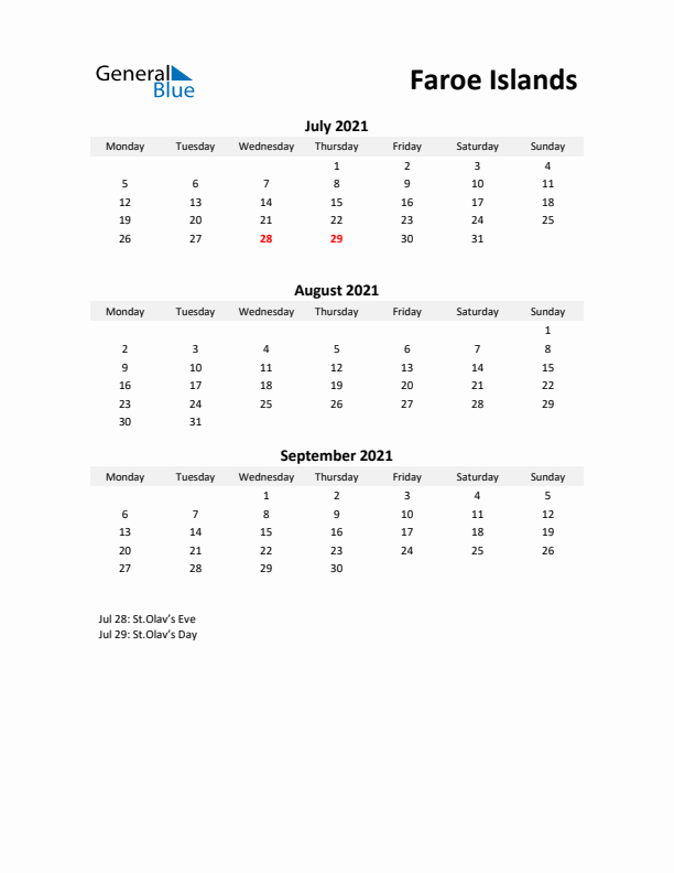 Printable Quarterly Calendar with Notes and Faroe Islands Holidays- Q3 of 2021