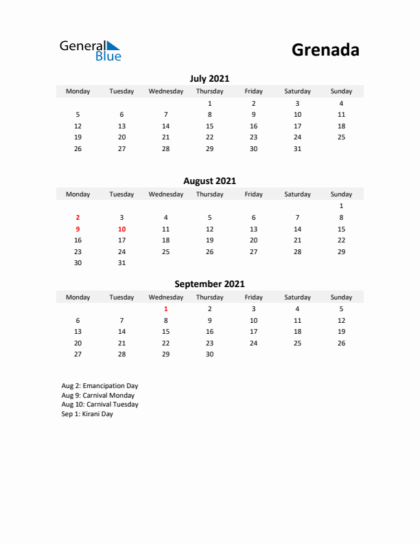 Printable Quarterly Calendar with Notes and Grenada Holidays- Q3 of 2021