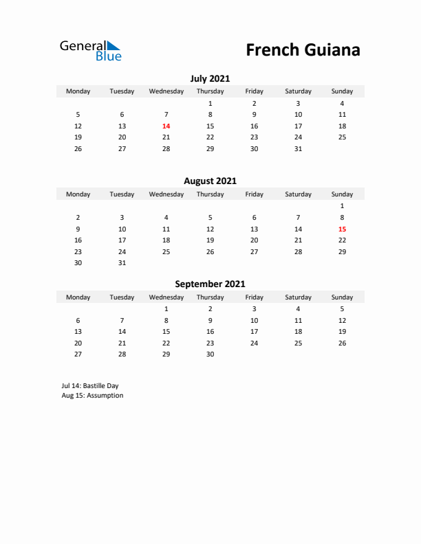 Printable Quarterly Calendar with Notes and French Guiana Holidays- Q3 of 2021