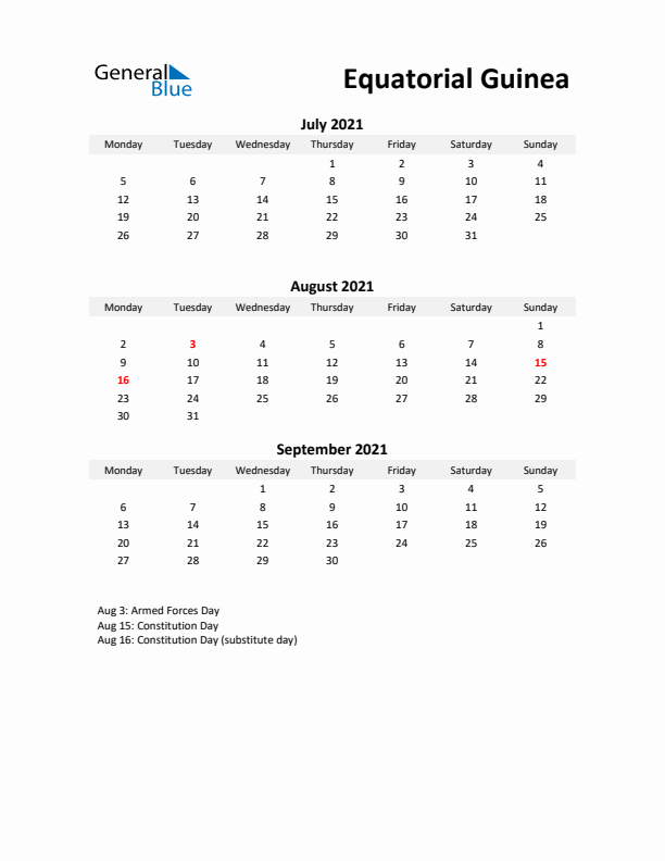 Printable Quarterly Calendar with Notes and Equatorial Guinea Holidays- Q3 of 2021