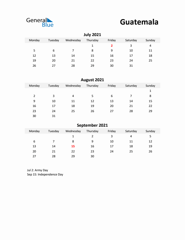 Printable Quarterly Calendar with Notes and Guatemala Holidays- Q3 of 2021