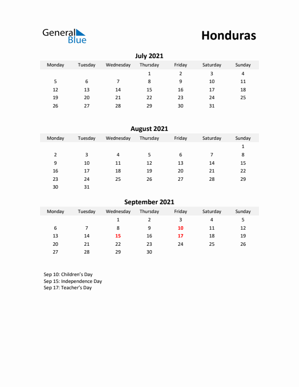 Printable Quarterly Calendar with Notes and Honduras Holidays- Q3 of 2021