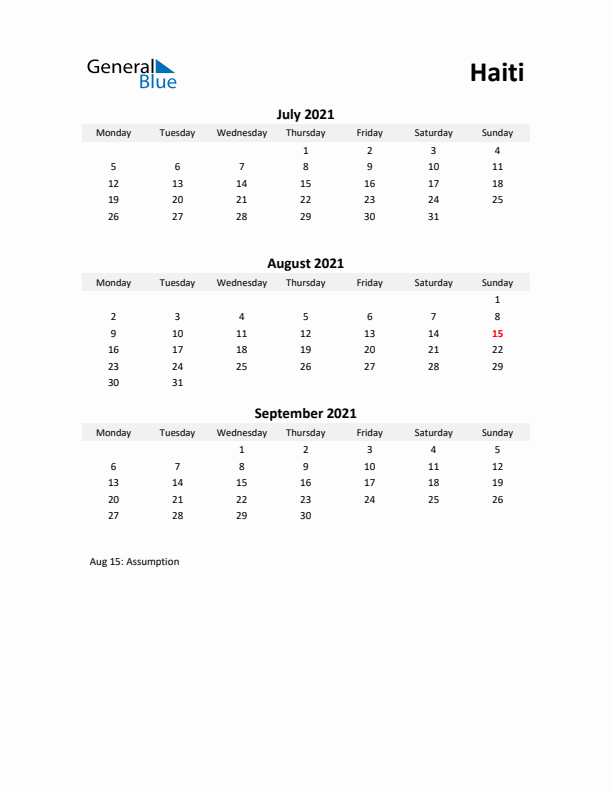 Printable Quarterly Calendar with Notes and Haiti Holidays- Q3 of 2021