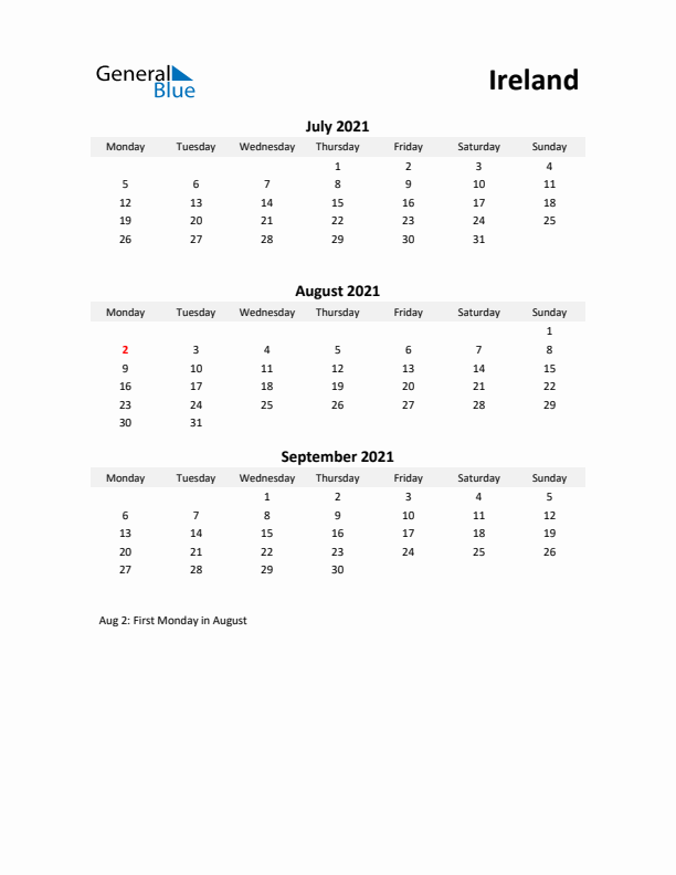 Printable Quarterly Calendar with Notes and Ireland Holidays- Q3 of 2021