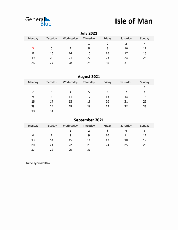 Printable Quarterly Calendar with Notes and Isle of Man Holidays- Q3 of 2021