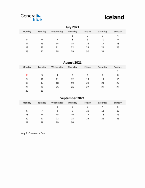 Printable Quarterly Calendar with Notes and Iceland Holidays- Q3 of 2021