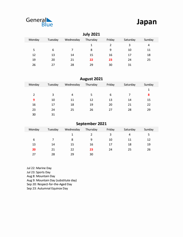 Printable Quarterly Calendar with Notes and Japan Holidays- Q3 of 2021