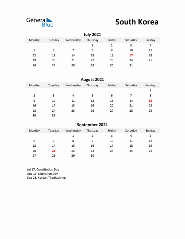 Printable Quarterly Calendar with Notes and South Korea Holidays- Q3 of 2021