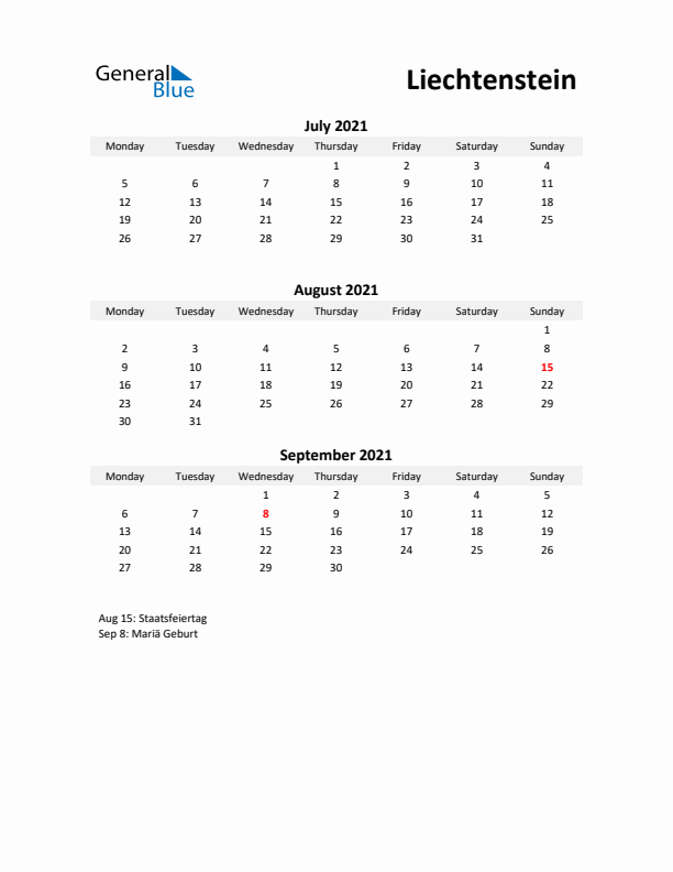 Printable Quarterly Calendar with Notes and Liechtenstein Holidays- Q3 of 2021