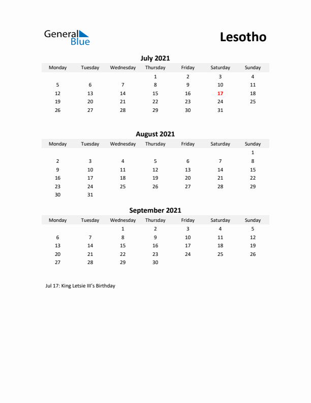 Printable Quarterly Calendar with Notes and Lesotho Holidays- Q3 of 2021