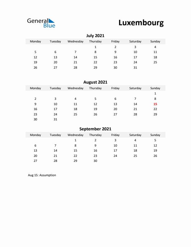 Printable Quarterly Calendar with Notes and Luxembourg Holidays- Q3 of 2021