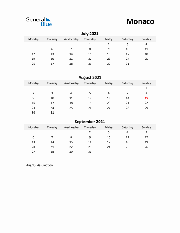 Printable Quarterly Calendar with Notes and Monaco Holidays- Q3 of 2021