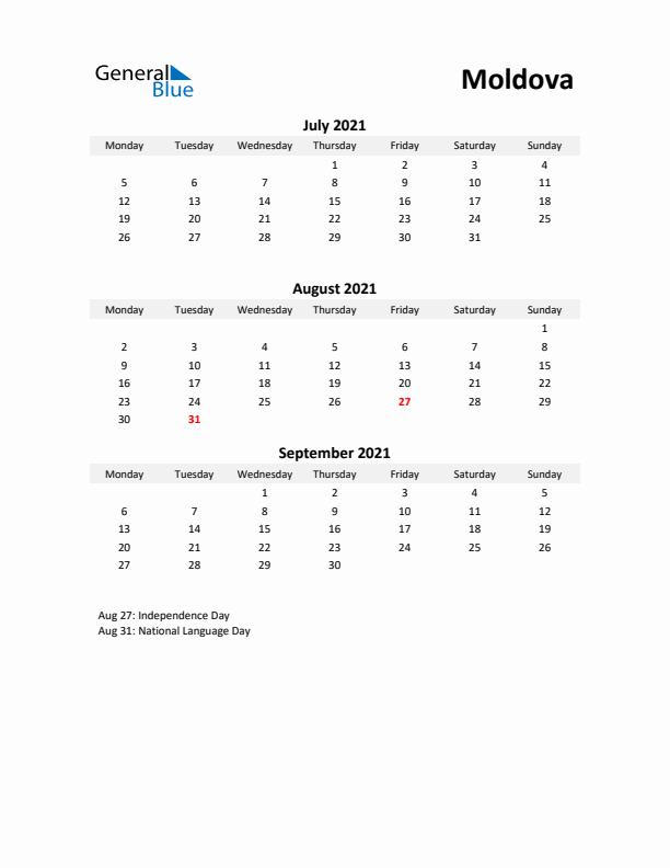 Printable Quarterly Calendar with Notes and Moldova Holidays- Q3 of 2021