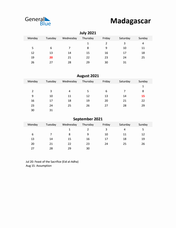 Printable Quarterly Calendar with Notes and Madagascar Holidays- Q3 of 2021