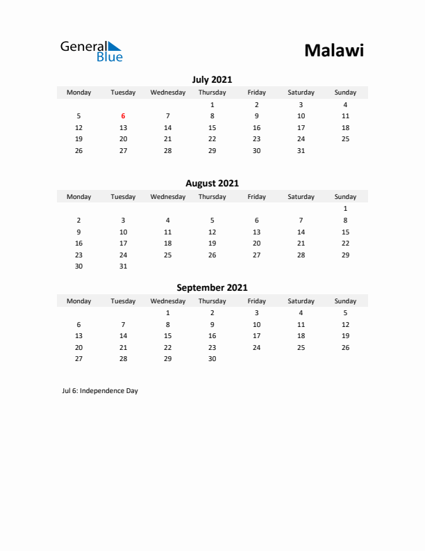 Printable Quarterly Calendar with Notes and Malawi Holidays- Q3 of 2021