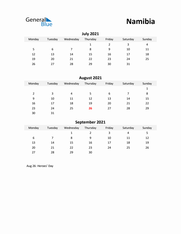 Printable Quarterly Calendar with Notes and Namibia Holidays- Q3 of 2021