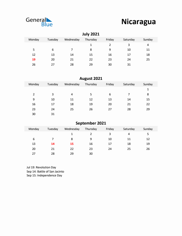 Printable Quarterly Calendar with Notes and Nicaragua Holidays- Q3 of 2021