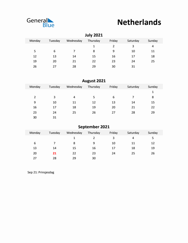 Printable Quarterly Calendar with Notes and The Netherlands Holidays- Q3 of 2021