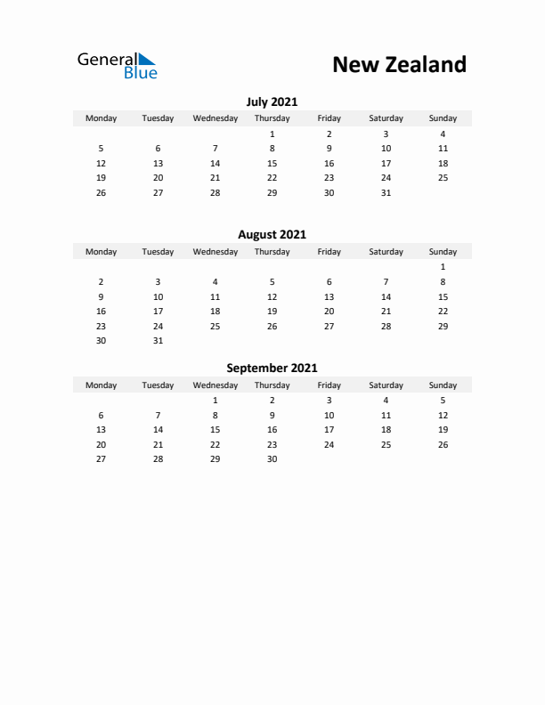 Printable Quarterly Calendar with Notes and New Zealand Holidays- Q3 of 2021