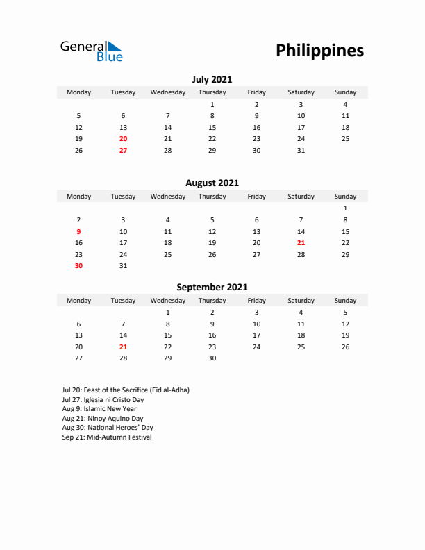 Printable Quarterly Calendar with Notes and Philippines Holidays- Q3 of 2021