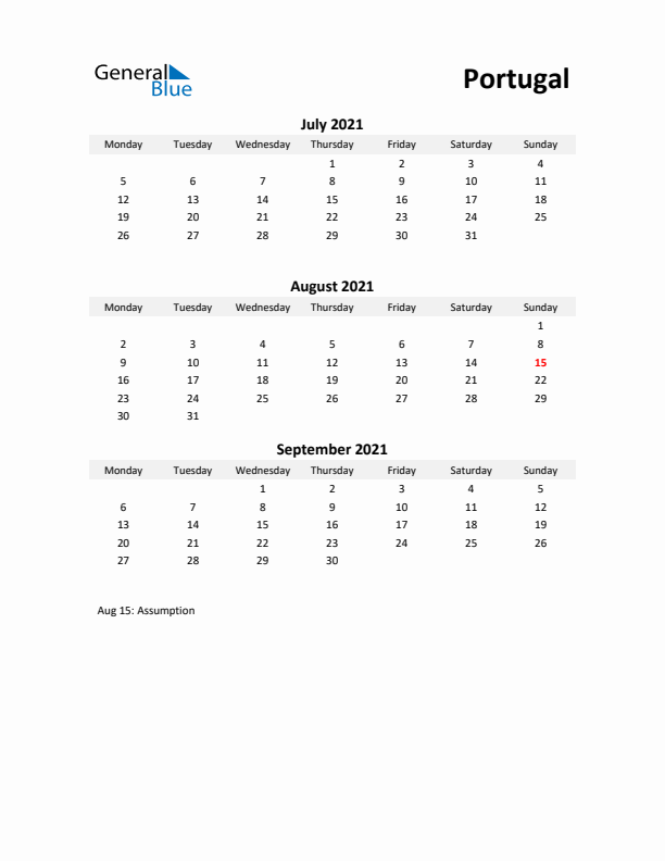 Printable Quarterly Calendar with Notes and Portugal Holidays- Q3 of 2021