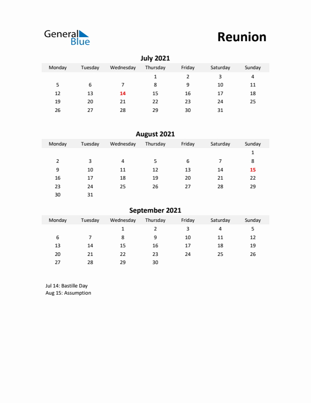 Printable Quarterly Calendar with Notes and Reunion Holidays- Q3 of 2021