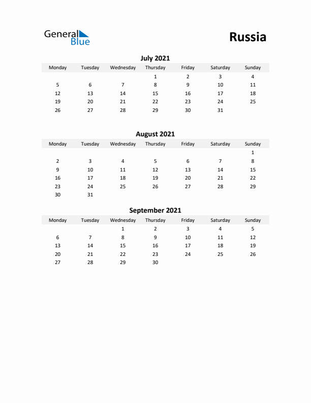 Printable Quarterly Calendar with Notes and Russia Holidays- Q3 of 2021