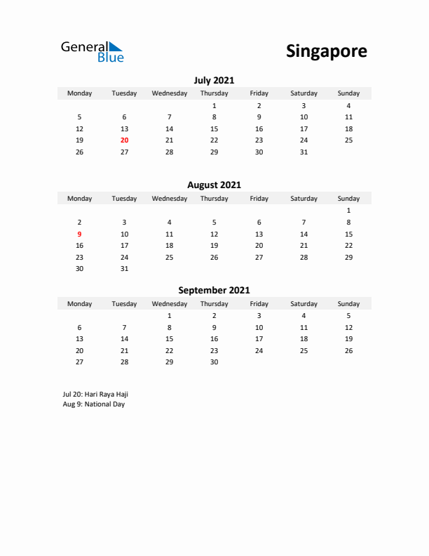 Printable Quarterly Calendar with Notes and Singapore Holidays- Q3 of 2021