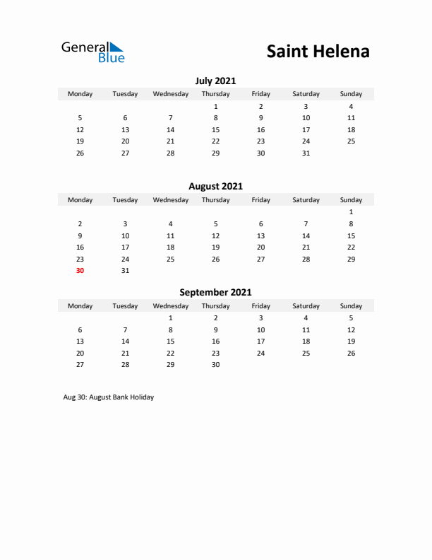 Printable Quarterly Calendar with Notes and Saint Helena Holidays- Q3 of 2021