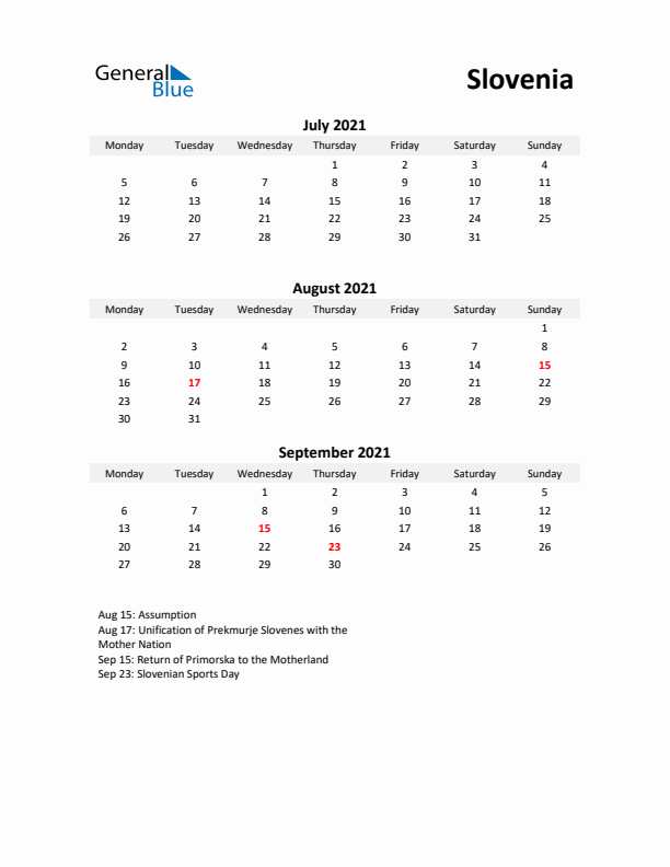 Printable Quarterly Calendar with Notes and Slovenia Holidays- Q3 of 2021