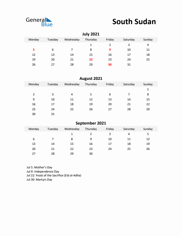 Printable Quarterly Calendar with Notes and South Sudan Holidays- Q3 of 2021