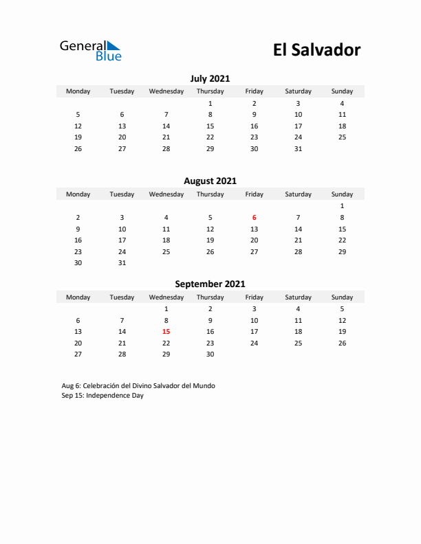 Printable Quarterly Calendar with Notes and El Salvador Holidays- Q3 of 2021