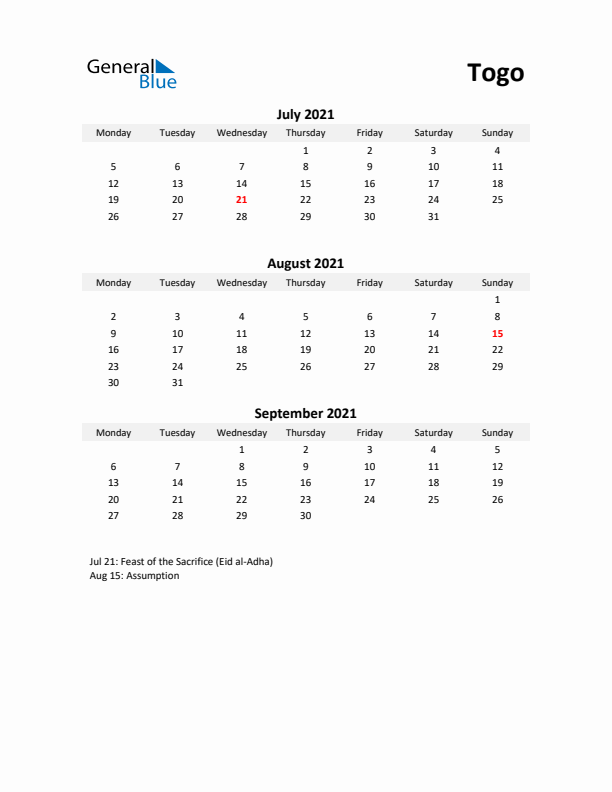 Printable Quarterly Calendar with Notes and Togo Holidays- Q3 of 2021