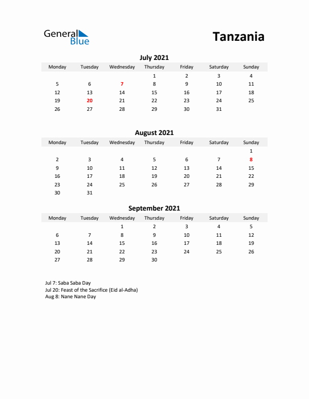 Printable Quarterly Calendar with Notes and Tanzania Holidays- Q3 of 2021