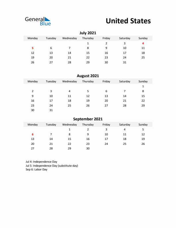 Printable Quarterly Calendar with Notes and United States Holidays- Q3 of 2021