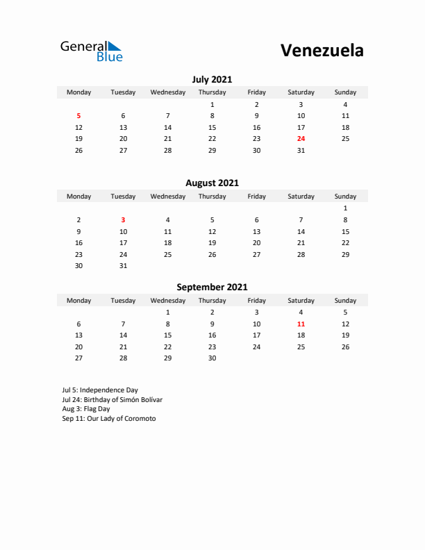 Printable Quarterly Calendar with Notes and Venezuela Holidays- Q3 of 2021