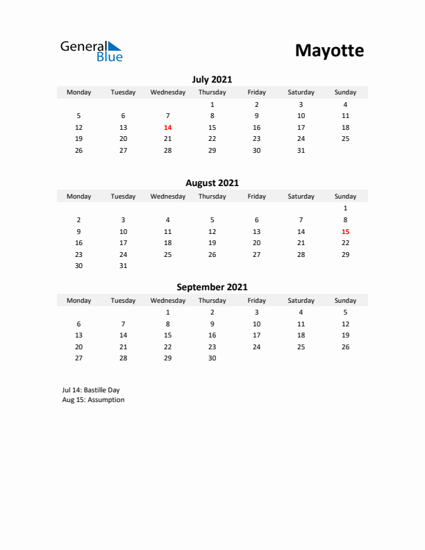 Printable Quarterly Calendar with Notes and Mayotte Holidays- Q3 of 2021