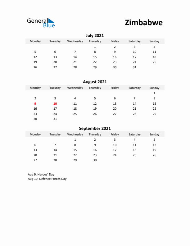 Printable Quarterly Calendar with Notes and Zimbabwe Holidays- Q3 of 2021