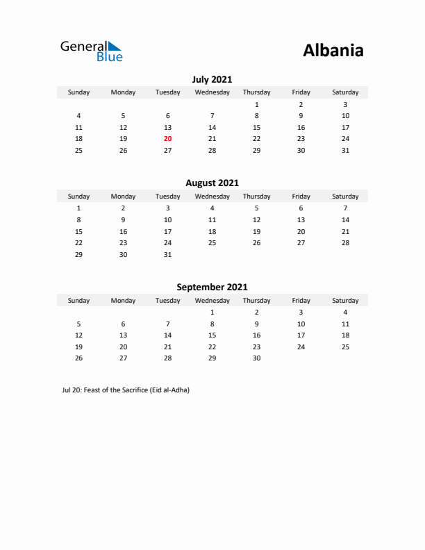 Printable Quarterly Calendar with Notes and Albania Holidays- Q3 of 2021