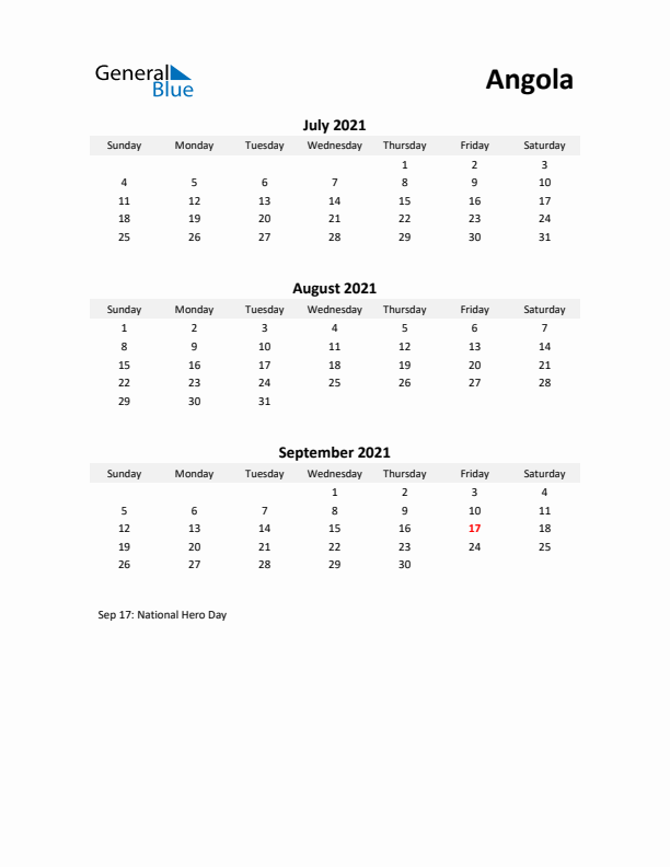 Printable Quarterly Calendar with Notes and Angola Holidays- Q3 of 2021