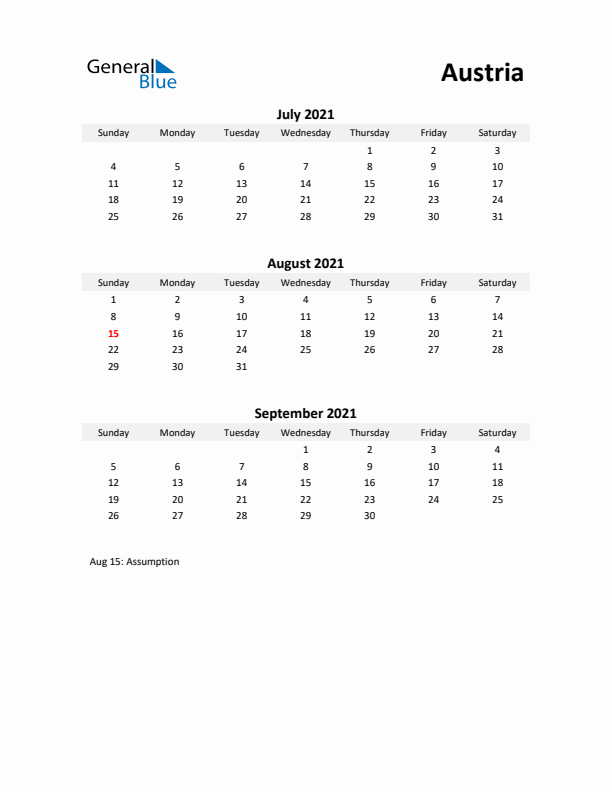 Printable Quarterly Calendar with Notes and Austria Holidays- Q3 of 2021