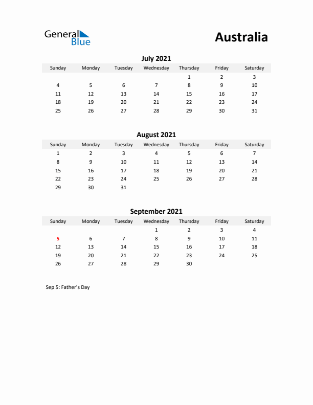 Printable Quarterly Calendar with Notes and Australia Holidays- Q3 of 2021