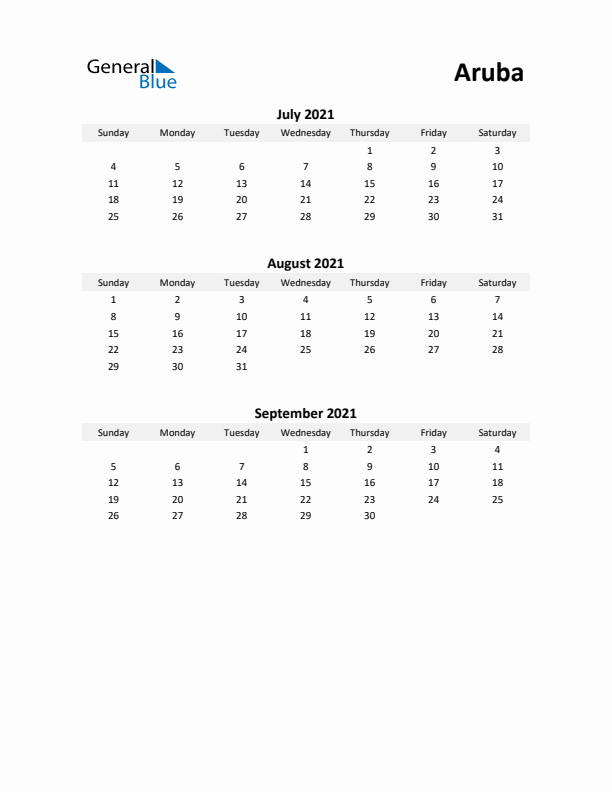 Printable Quarterly Calendar with Notes and Aruba Holidays- Q3 of 2021